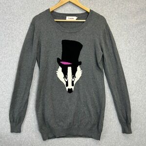 Louche Sweater Gray Badger Top Hat Novelty Whimsy Cotton Knit Pullover Womens XS